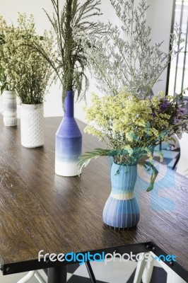 Beautiful Flower Vase Decorated On Wooden Table Stock Photo