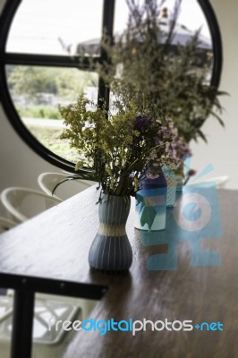 Beautiful Flower Vase Decorated On Wooden Table Stock Photo