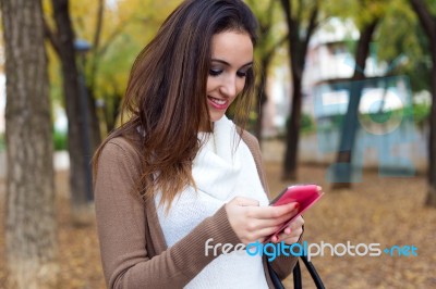 Beautiful Girl Chatting With Mobile Phone In Autumn Stock Photo