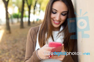 Beautiful Girl Chatting With Mobile Phone In Autumn Stock Photo