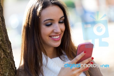 Beautiful Girl Chatting With Mobile Phone In Autumn Stock Photo