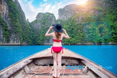 Beautiful Girl In Red Bikini On Boat Stock Photo