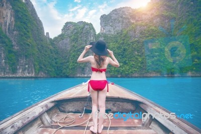 Beautiful Girl In Red Bikini On Boat Stock Photo