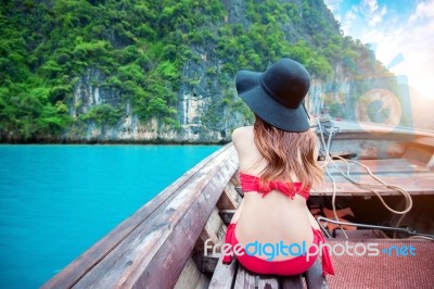 Beautiful Girl In Red Bikini On Boat Stock Photo