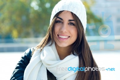 Beautiful Girl Looking At Camera In City Stock Photo