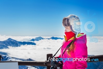 Beautiful Girl With Camera In Winter Stock Photo