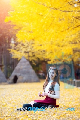 Beautiful Girl With Yellow Leaves In Nami Island, Korea. Nami Island In Autumn Stock Photo