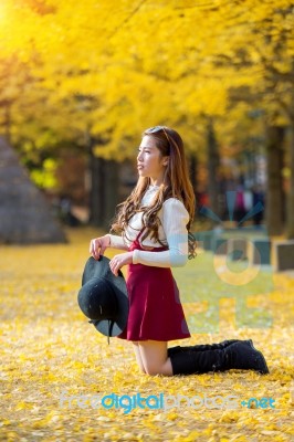 Beautiful Girl With Yellow Leaves In Nami Island, Korea. Nami Island In Autumn Stock Photo