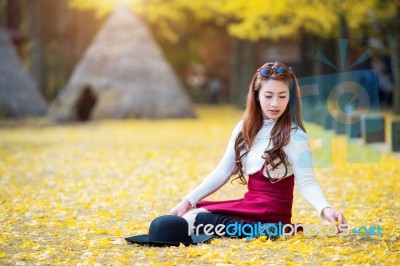 Beautiful Girl With Yellow Leaves In Nami Island, Korea. Nami Island In Autumn Stock Photo