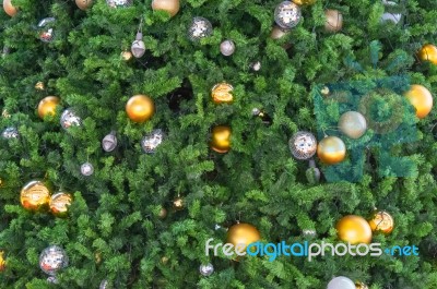 Beautiful Glass Balls And Light Bulbs The Ornaments On A Christmas Tree Stock Photo