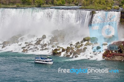 Beautiful Isolated Image Of A Ship And Amazing Niagara Waterfall… Stock Photo