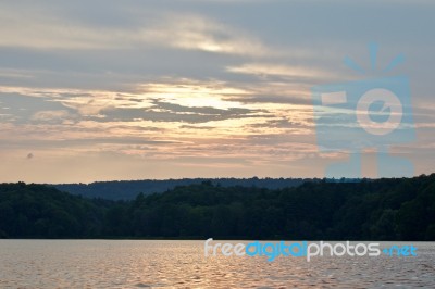 Beautiful Isolated Picture Of A Sunset On The Lake Stock Photo