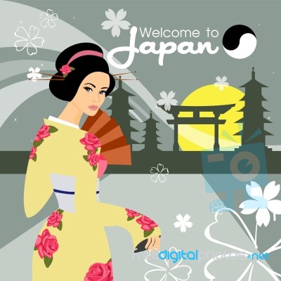 Beautiful Japanese Girl In Kimono On Background.  Illustration Stock Image