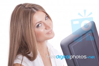 Beautiful lady with Tablet pc Stock Photo