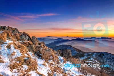 Beautiful Landscape At Sunset On Deogyusan National Park In Winter,south Korea Stock Photo