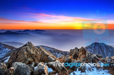 Beautiful Landscape At Sunset On Deogyusan National Park In Winter,south Korea Stock Photo