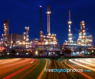 Beautiful Lighting Of Oil Refinery Plant In Industry Estate Agai… Stock Photo