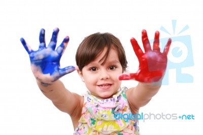 Beautiful Little Girl With Her Hands In The Paint Stock Photo