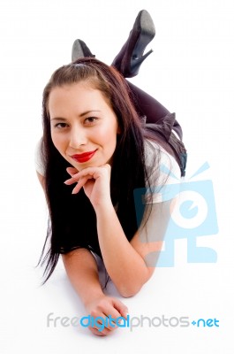 Beautiful Model Lying And Posing In Front Of Camera Stock Photo