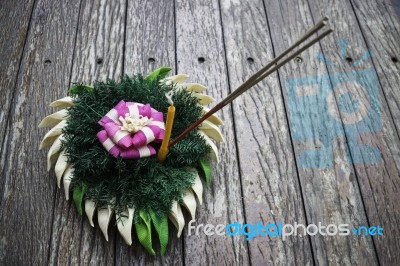 Beautiful Natural Material Krathong Of Thailand On Wooden Table Stock Photo