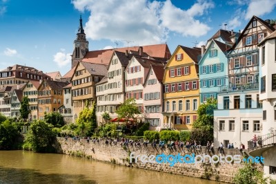 Beautiful Old Houses At The Waterfront Of Tubingen, Germany Stock Photo