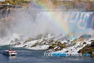 Beautiful Picture Of Amazing Powerful Niagara Waterfall And A Rainbow Stock Photo