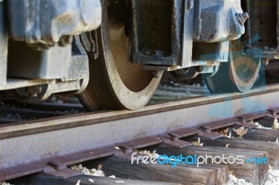 Beautiful Picture With The Old Train Wheels And The Road Stock Photo