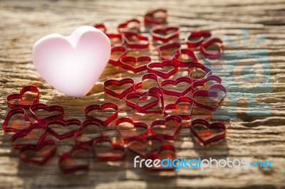 Beautiful Pink Heart Icon With Lovely Red Heart On Old Wood Text… Stock Photo