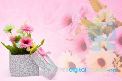 Beautiful Romantic Gift Box And Flower On Pink Background Stock Photo