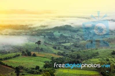 Beautiful Scenary Valley Of Mountain At Sun Rising Giving A Beau… Stock Photo