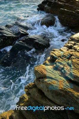 Beautiful Seascape Of Wave And Rock Stock Photo