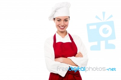 Beautiful Smiling Chef Posing Over White Stock Photo