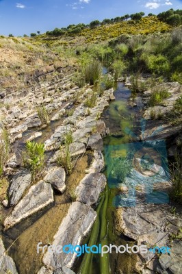 Beautiful Spring View Of A Countryside Stream Of Water Located In Portugal Stock Photo