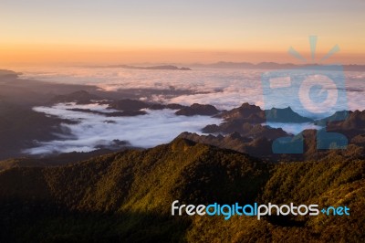 Beautiful Sun Rise On Top Mountain With Could Stock Photo