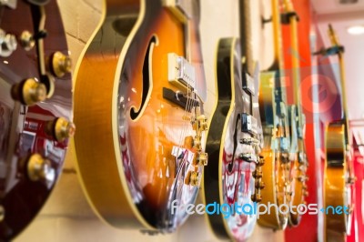 Beautiful Sunburst Electric Guitar In The Shop Stock Photo