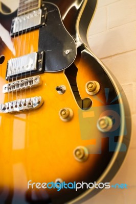 Beautiful Sunburst Electric Guitar In The Shop Stock Photo