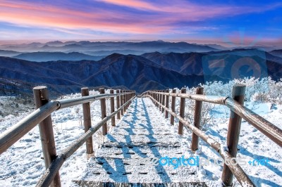 Beautiful Sunrise And Staircase On Deogyusan Mountains Covered With Snow In Winter,south Korea Stock Photo