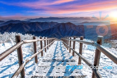 Beautiful Sunrise And Staircase On Deogyusan Mountains Covered With Snow In Winter,south Korea Stock Photo