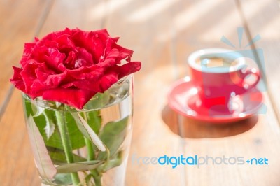 Beautiful Table Decorated With Coffee And Red Rose Stock Photo