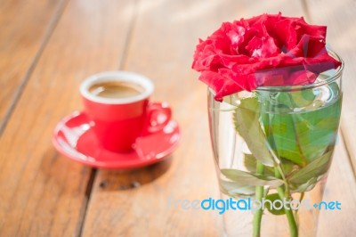 Beautiful Table Decorated With Coffee And Red Rose Stock Photo