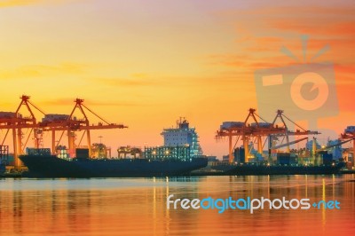 Beautiful Twilight Sky At Shipping Port Use For Vessel ,nautical… Stock Photo