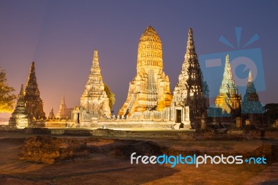 Beautiful Wat Chai Watthanaram Temple In Ayutthaya Thailand At Twilight Time Stock Photo