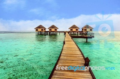 Beautiful Water Bungalows And The Beach In Maldives Stock Photo