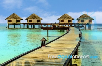 Beautiful Water Bungalows And The Beach In Maldives Stock Photo