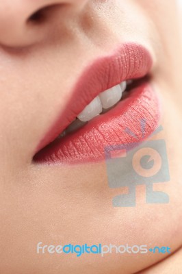 Beautiful Woman Close Up Lips And Mouth Open White Teeth Stock Photo