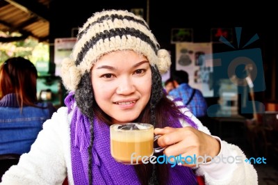 Beautiful Woman Drinking Coffee Stock Photo