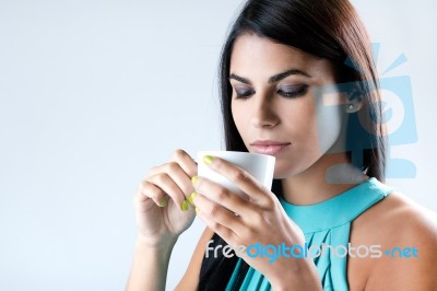 Beautiful Woman Drinking Coffee Stock Photo