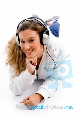 Beautiful Woman Enjoying Music Stock Photo