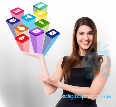 Beautiful Woman Holding Media Icons Stock Photo