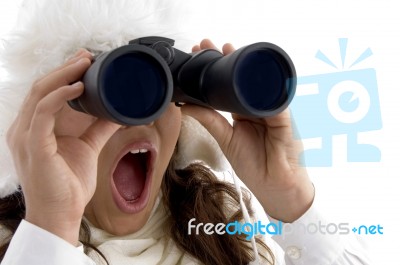 Beautiful Woman Looking Through Binocular Stock Photo